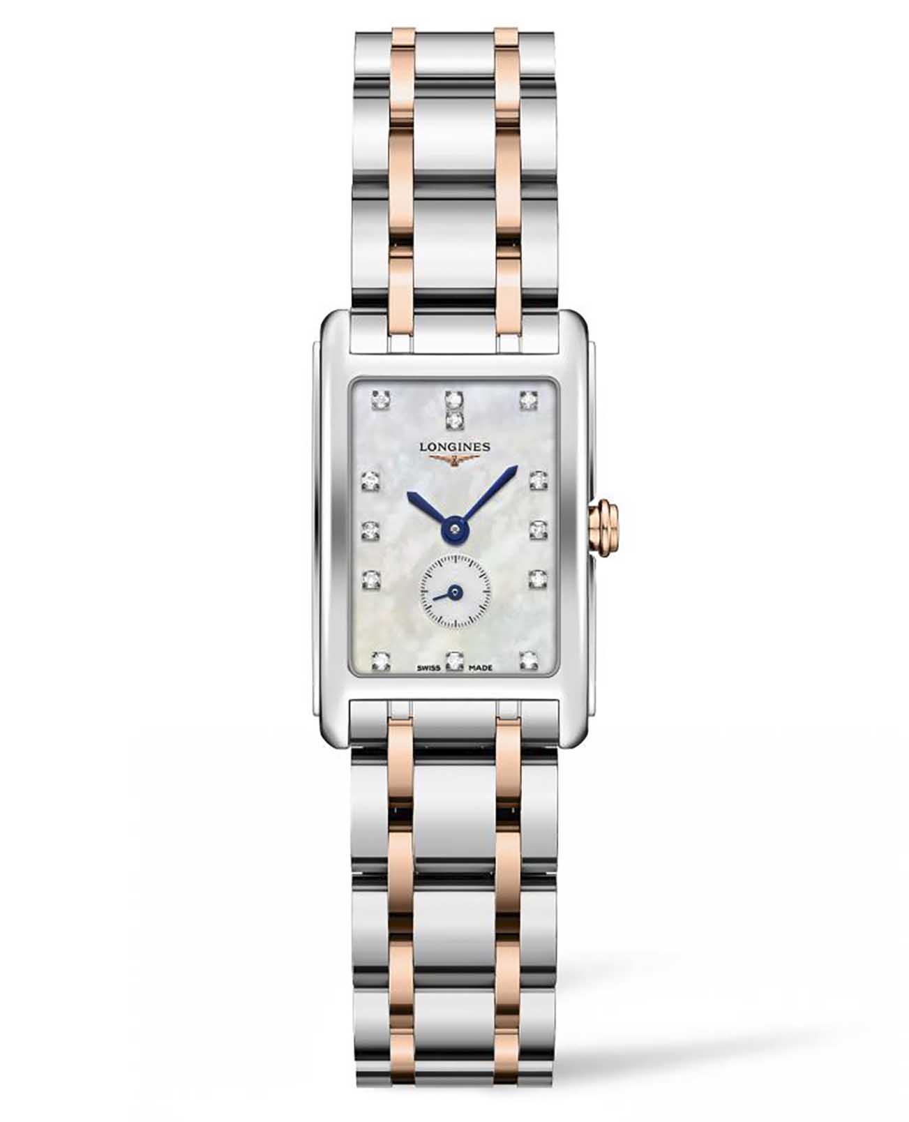 Longines Longines DolceVita L5.255.5.87.7  L52555877 кварцевые женские часы перламутровый циферблат, браслет нержавеющая сталь и 18 каратное розовое золото — вид спереди